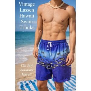 Vintage Lassen Hawaii Swim Trunks Mens L Blue Fish Print Surf Y2K